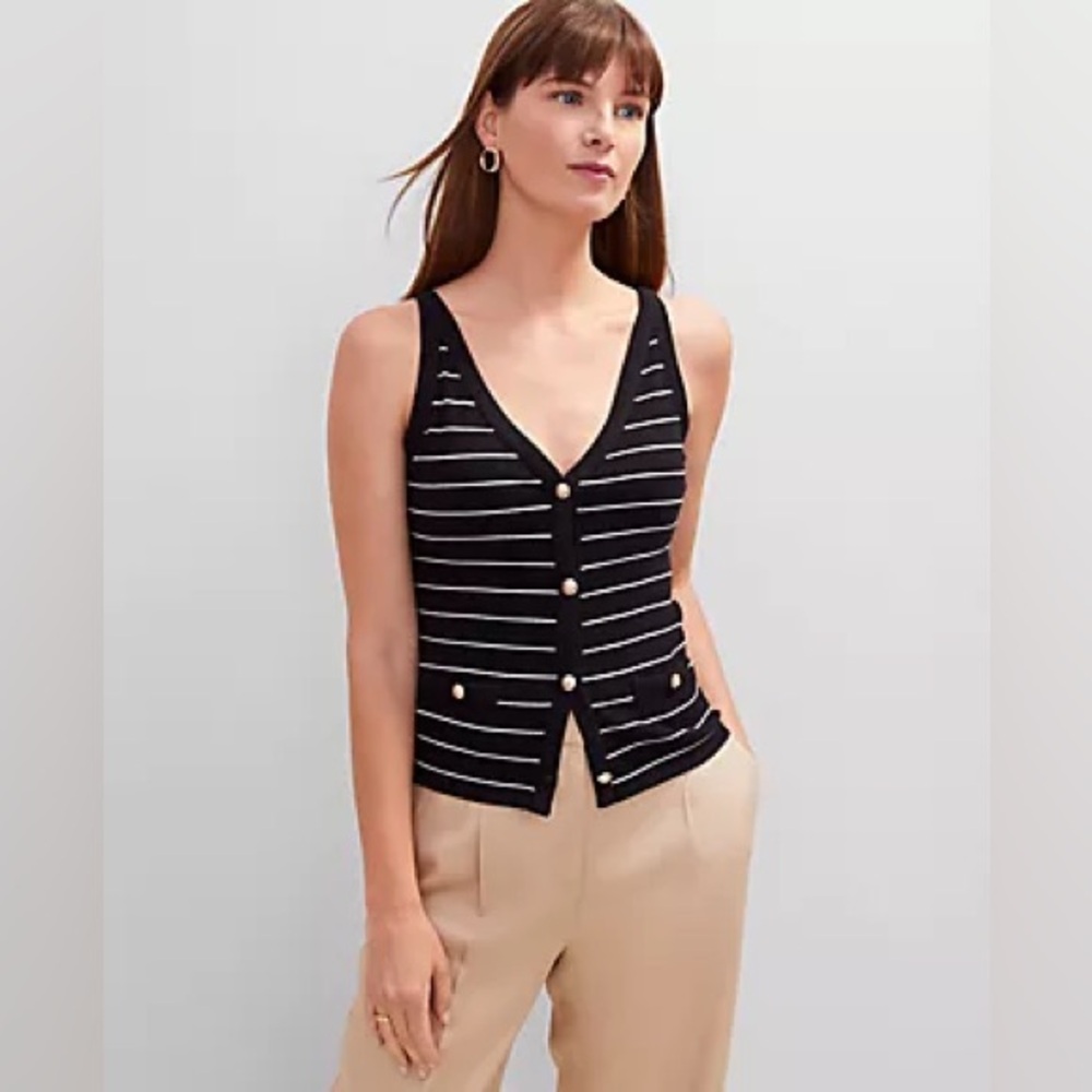 Loft Black and White Striped button Women's Top NWT
